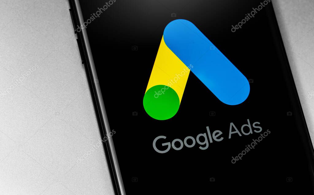 Google Ads (AdWords) logo app on black screen smartphone. Google Ads is a service of contextual, basically, search advertising from Google. Moscow, Russia -September 12, 2020