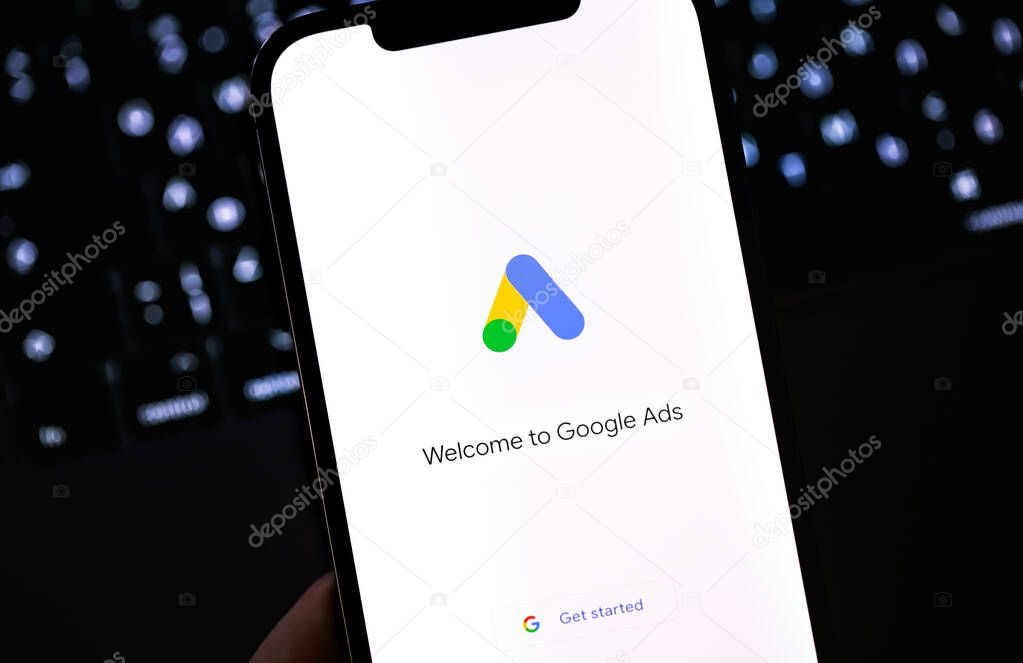 Google Ads AdWords logo app on the display iPhone in the dark. Google Ads is a contextual service, mainly search advertising from Google. Moscow, Russia - January 12, 2021