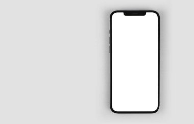 iPhone 12 Pro Max 'in gri arka planda beyaz ekranı var, üst görünümü taklit et. Apple çok uluslu bir teknoloji şirketidir. Moskova, Rusya - 14 Ocak 2021