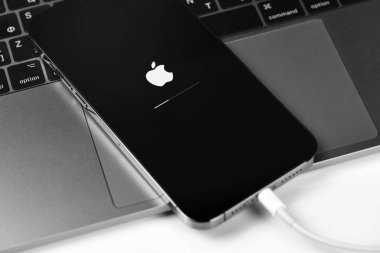 iOS güncellemeli iPhone, Apple simgesi ve durum çubuğu ekranda. Apple çok uluslu bir teknoloji şirketidir. Moskova, Rusya - 14 Ocak 2021