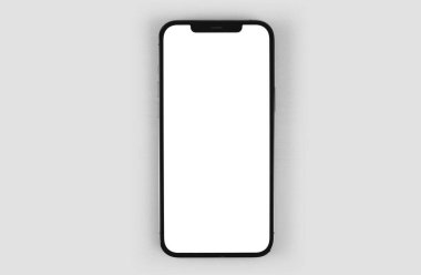 Mockup akıllı telefon iPhone 12 Pro Max, gri arka planda beyaz ekran, üst görünümde. Apple çok uluslu bir teknoloji şirketidir. Moskova, Rusya - 14 Ocak 2021
