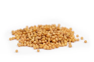 Beyaz zemin üzerinde sarı hardal tohumları izole 