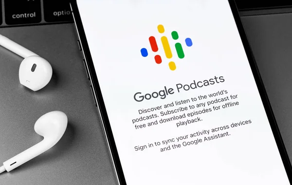 Google Podcasts Logotipo Aplicación Móvil Teléfono Inteligente Pantalla Iphone Auriculares —  Fotos de Stock