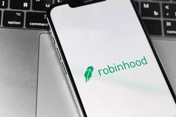 Robinhood Mobile App Screen Smartphone Iphone Notebook Closeup Robinhood Markets — Stock Photo, Image