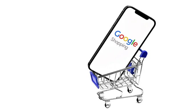 Carrello Della Spesa Logo Google Shopping Sullo Smartphone Dello Schermo — Foto Stock