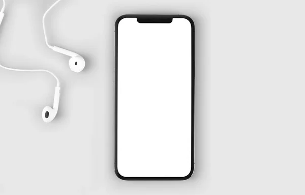 Smartphone Iphone Pro Max Mockup Λευκή Οθόνη Και Ακουστικά Earpods — Φωτογραφία Αρχείου