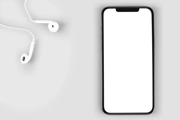 Smartphone Mockup Iphone Pro Max Λευκή Οθόνη Και Ακουστικά Earpods — Φωτογραφία Αρχείου