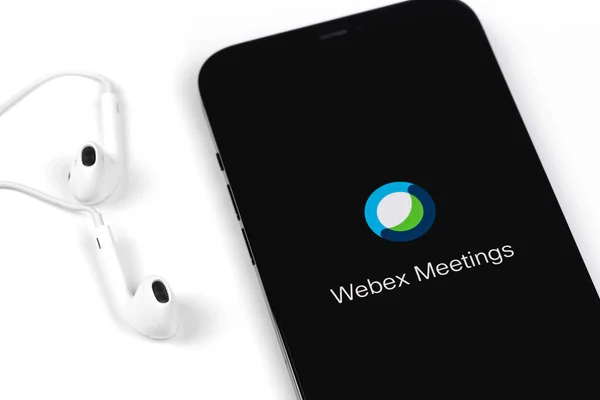 Webex Reuniões Ícone Aplicativo Móvel Tela Smartphone Iphone Fones Ouvido — Fotografia de Stock