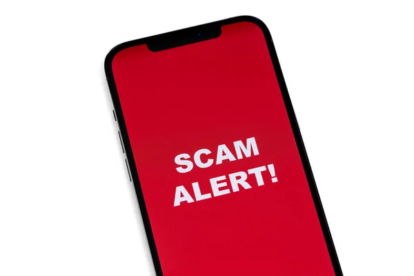 Scam Alert Concept Rood Scherm Mobiel Smartphone Close Witte Achtergrond — Stockfoto