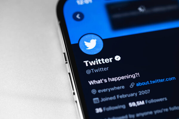 Twitter official verified account, mobile app on screen smartphone, iPhone macro. Twitter is a social media online service for microblogging and networking communication. Moscow, Russia -  January 23, 2021