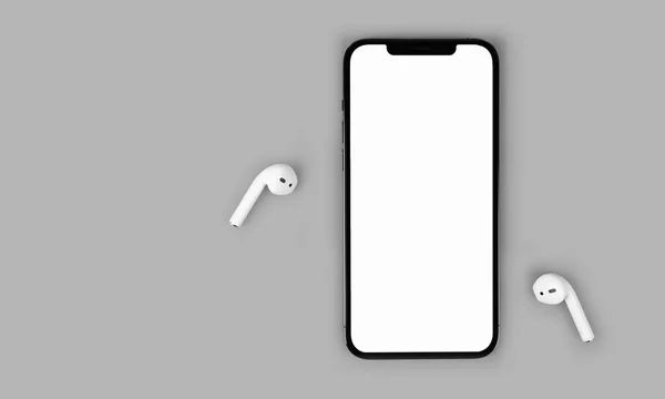 Mockup Smartphone Iphone Pro Max Met Blanco Wit Scherm Airpods — Stockfoto