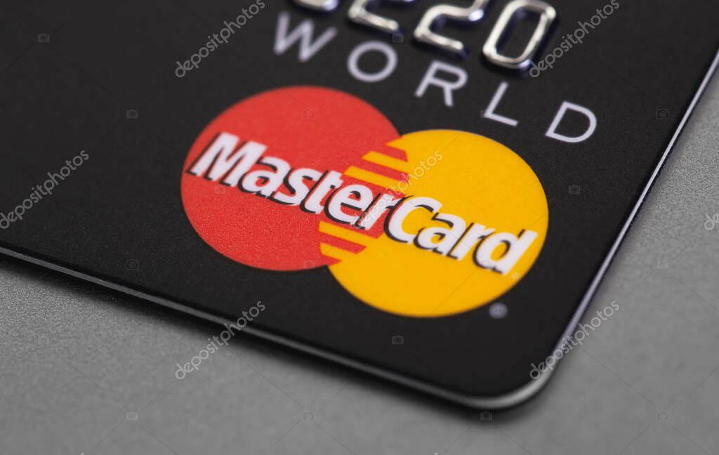 MasterCard plastic electronic card closeup, macro. Master Card is international payment system. Moscow, Russia - January 18, 2021