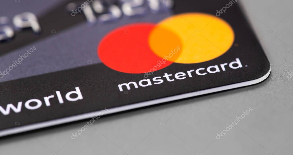 MasterCard plastic electronic, credit card closeup, macro. Master Card is international payment system. Moscow, Russia - January 18, 2021