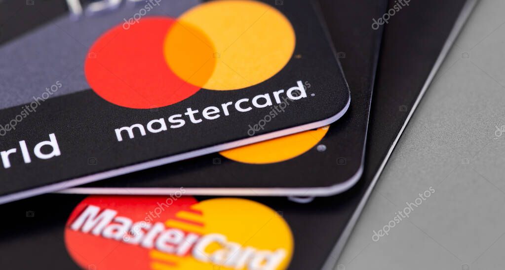 MasterCard plastic electronic, credit cards closeup, macro. Master Card is international payment system. Moscow, Russia - January 18, 2021