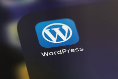 WordPress mobile icon app on screen smartphone iPhone closeup. WordPress - open source site content management system. Moscow, Russia - June 14, 2021