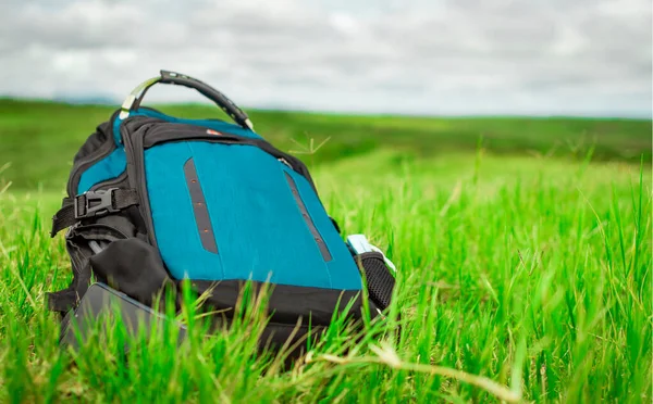 Backpack Green Grass Close Backpack Grass Stock Picture