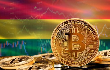 Investors in cryptocurrency and Blockchain Technology in Bolivia, Concept. Bitcoin with Bolivia flag in the background