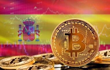 Investors in cryptocurrency and Blockchain Technology in Spain, Concept. Bitcoin with Spain flag in the background