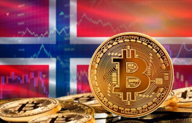 Investors in cryptocurrency and Blockchain Technology in Norway, Concept. Bitcoin with Norway flag in the background