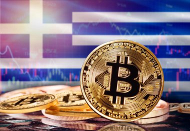 Bitcoin with Greece flag in the background. Investors in cryptocurrency and Blockchain Technology in Greece, Concept