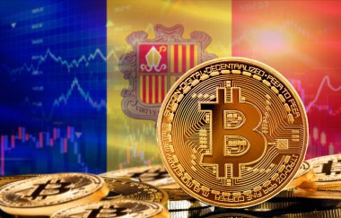Andorra 'daki kripto para birimi ve engelleme teknolojisi yatırımcıları. Arka planda Andorra bayrağı olan Bitcoin