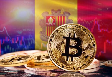 Arka planda Andorra bayrağı olan Bitcoin. Andorra 'daki Kripto Para Birimi ve Engelleme Teknolojisi Yatırımcıları