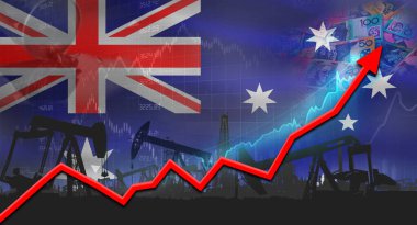 Avustralya bayrağıyla petrol pompaları. Avustralya bayrağı ve petrol endüstrisi ile petrol üretimi