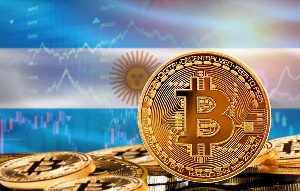 Arjantin 'deki kripto para birimi ve engelleme teknolojisi yatırımcıları. Arjantin bayraklı Bitcoin
