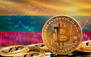 Litvanya 'daki kripto para birimi ve engelleme teknolojisi yatırımcıları. Arka planda Litvanya bayrağı olan Bitcoin