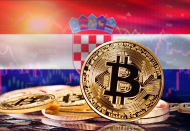 Arka planda Hırvatistan bayrağı olan Bitcoin. Hırvatistan 'daki Kripto Para Birimi ve Engelleme Teknolojisi Yatırımcıları, Kavram