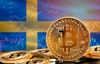 İsveç 'teki kripto para birimi ve engelleme teknolojisi yatırımcıları. Arka planda İsveç bayrağı olan Bitcoin