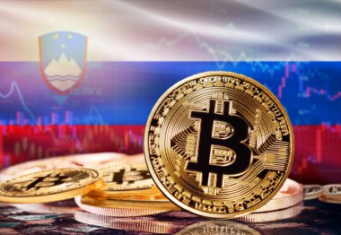 Arka planda Slovenya bayrağı olan Bitcoin. Slovenya 'daki Kripto Para Birimi ve Engelleme Teknolojisi Yatırımcıları, Kavram