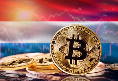 Arka planda Lüksemburg bayrağı olan Bitcoin. Lüksemburg 'daki Kripto Para Birimi ve Engelleme Teknolojisi Yatırımcıları