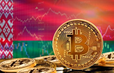 Beyaz Rusya 'daki kripto para birimi ve engelleme teknolojisi yatırımcıları. Arka planda Belarus bayrağı olan Bitcoin