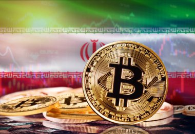 Arka planda İran bayrağı olan Bitcoin. İran 'daki Kripto Para Birimi ve Engelleme Teknolojisi Yatırımcıları, Konsept