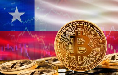 Şili 'deki kripto para birimi ve engelleme teknolojisi yatırımcıları. Arka planda Şili bayrağı olan Bitcoin