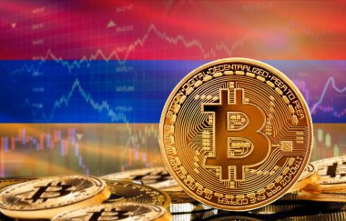 Ermenistan 'da kripto para birimi ve Engelleme Teknolojisi yatırımcıları. Arka planda Ermenistan bayrağı olan Bitcoin