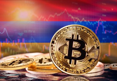 Arkasında Ermenistan bayrağı olan Bitcoin. Ermenistan 'daki Kripto Para Birimi ve Engelleme Teknolojisi Yatırımcıları