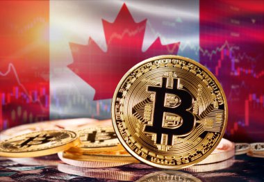 Arka planda Kanada bayrağı olan Bitcoin. Kanada 'daki Kripto Para Birimi ve Engelleme Teknolojisi Yatırımcıları