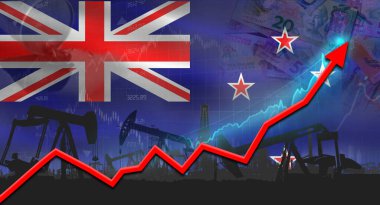 Yeni Zelandalı bayrağıyla petrol endüstrisinin büyümesi. Yeni Zelandalı bayraklı petrol pompaları. Yeni Zelanda bayrağıyla petrol üretimi