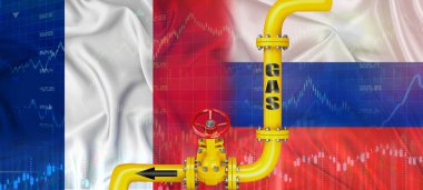 Rus ve Fransız bayrağıyla doğalgaz boru hattı. Rus doğalgazının Fransa 'ya üretimi ve ihracatı