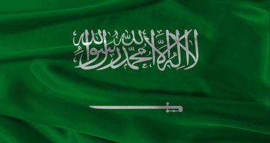 Kumaş desenli arka planı olan Suudi Arabistan bayrağı. Suudi Arabistan 'ın Ulusal Bayrağını gerçekçi bir yapıya sahip olarak kapatın