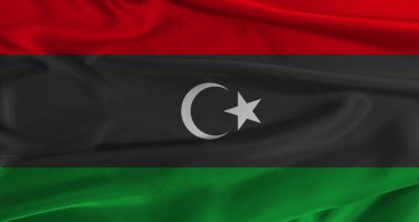 Kumaş kaplamalı Libya bayrağı. Libya Ulusal Bayrağını gerçekçi bir yapıya sahip olarak kapatın