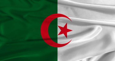 Kumaş desenli arka planda Cezayir bayrağı. Cezayir 'in ulusal bayrağını gerçekçi dokusuyla kapatın
