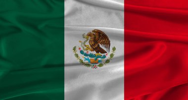 Kumaş desenli arka planı olan Meksika bayrağı. Meksika 'nın ulusal bayrağını gerçekçi bir yapıyla kapatın.