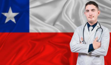 Şili bayrağı geçmişinde tıbbi profesyonelin portresi. Şili Ulusal Sağlık Sistemi