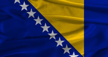 Bosna-Hersek bayrağı kumaşlı arka planda. Bosna-Hersek Ulusal Bayrağının Kapanışı gerçekçi bir yapıya sahip