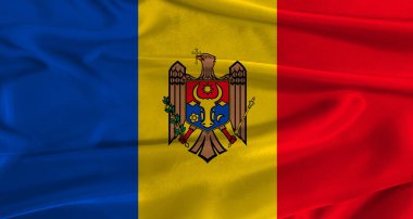 Kumaş desenli arka planı olan Moldova bayrağı. Moldova Ulusal Bayrağını gerçekçi bir yapıya sahip olarak kapat