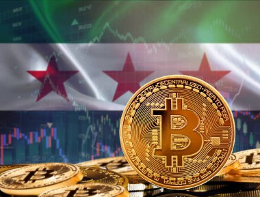Suriye 'deki kripto para birimi ve engelleme teknolojisi yatırımcıları. Arka planda Suriye bayrağı olan Bitcoin