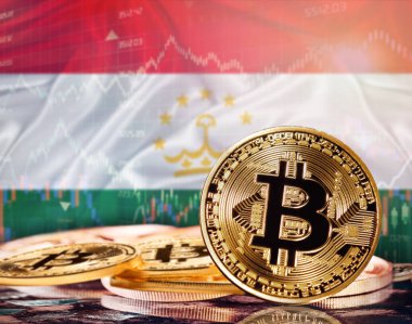 Arka planda Tacikistan bayrağı olan Bitcoin. Tacikistan 'daki Kripto Para Birimi ve Engelleme Teknolojisi Yatırımcıları